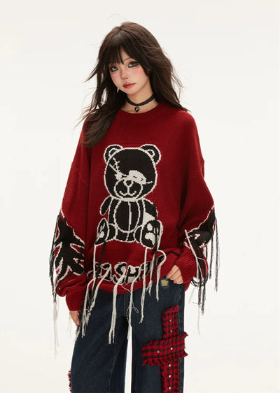 【Eleven shop97】Subculture bear illustration front design red knit sweater  ES0030