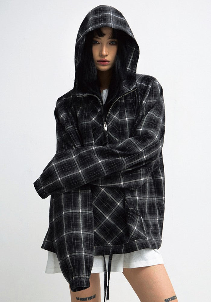 【People Style】Regular dark base color check design half zip hoodie  PS0049