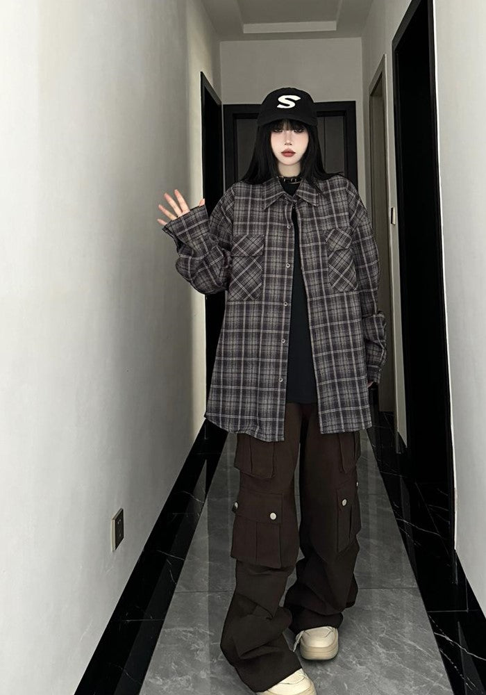 【W3】Basic dark color check pattern design long sleeve shirt  WO0085