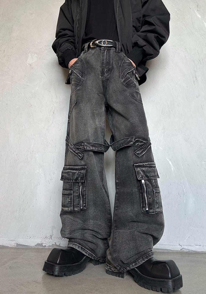 【MARTHENAUT】Dull grey base color wide cargo style denim pants  MH0050