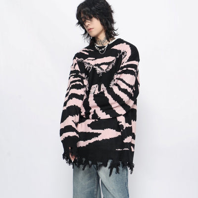 【Mz】Front fringe butterfly design mid-length distressed knit sweater  MZ0046