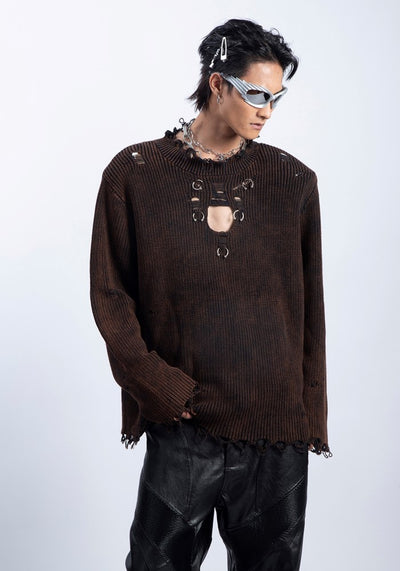 【PLAN1ONE】Tight silhouette mid-length distressed long-sleeved T-shirt  PL0042