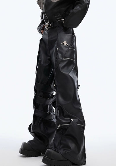 【Culture E】High-level gimmick silhouette leather design wide pants  CE0153