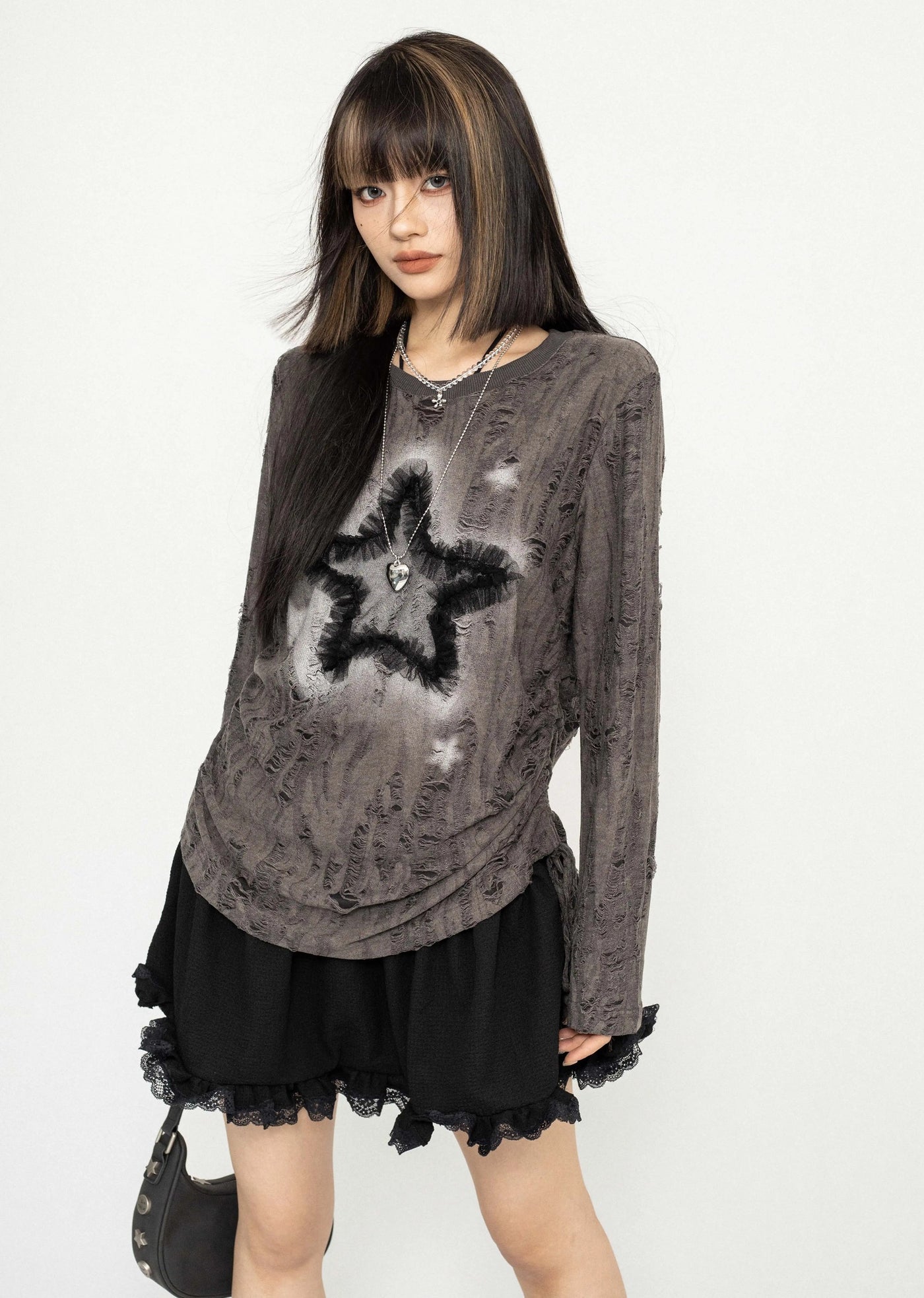 【ZERO STORE】Grunge dull star design messy long sleeve T-shirt  ZS0048