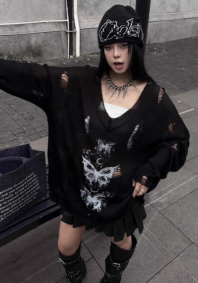 【TR BRUSHSHIFT】Mid-length distressed butterfly design sheer knit  TB0051