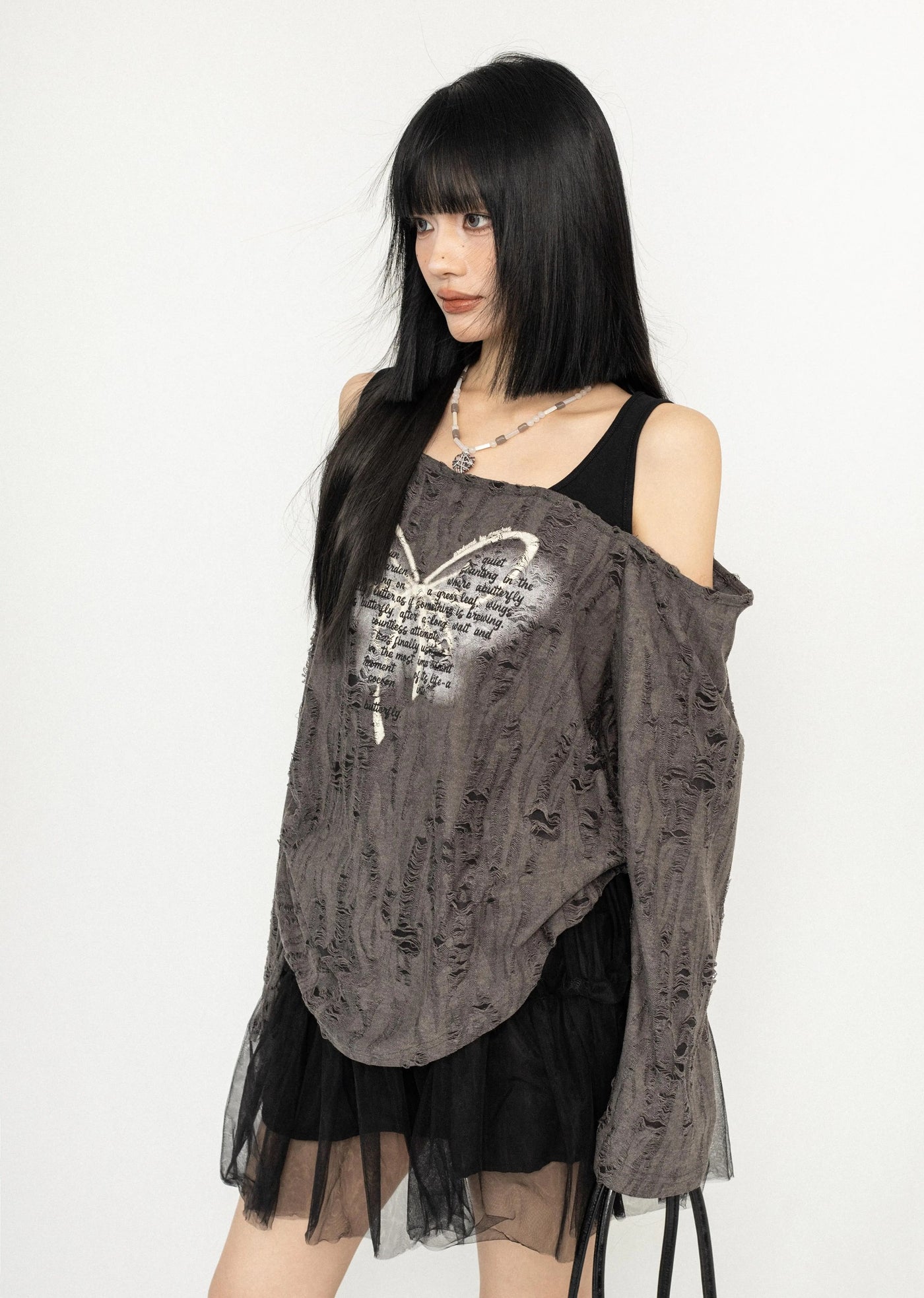 【ZERO STORE】Grunge butterfly design distressed knee cut sweater  ZS0044