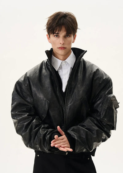 【MAXDSTR】Vintage style synthetic leather high neck jacket  MD0201