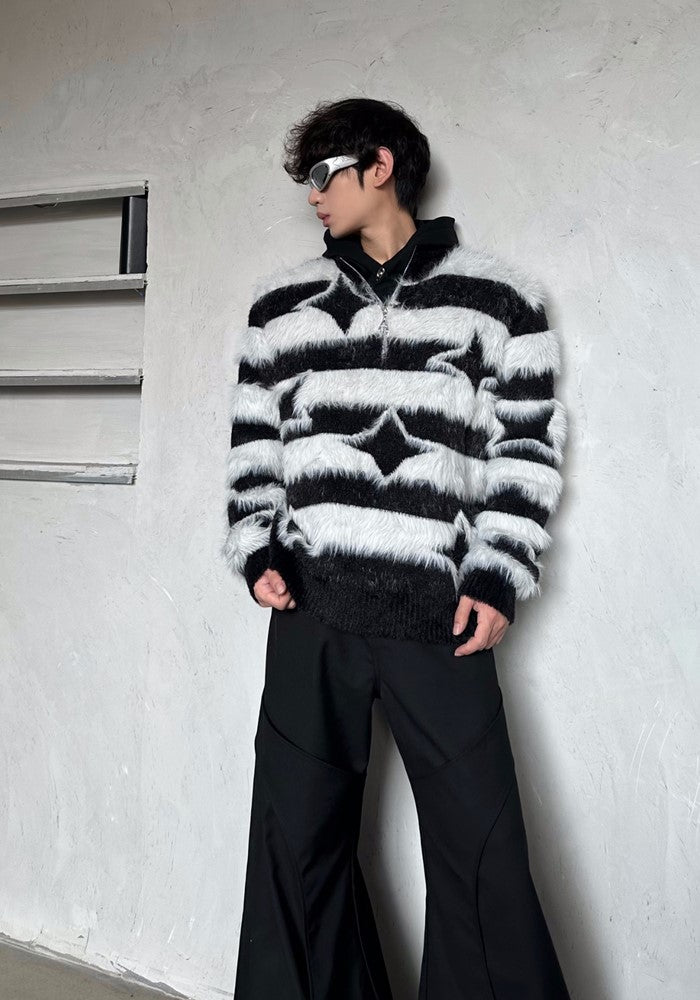 【MARTHENAUT】Monotone style half zip border star knit sweater  MH0046