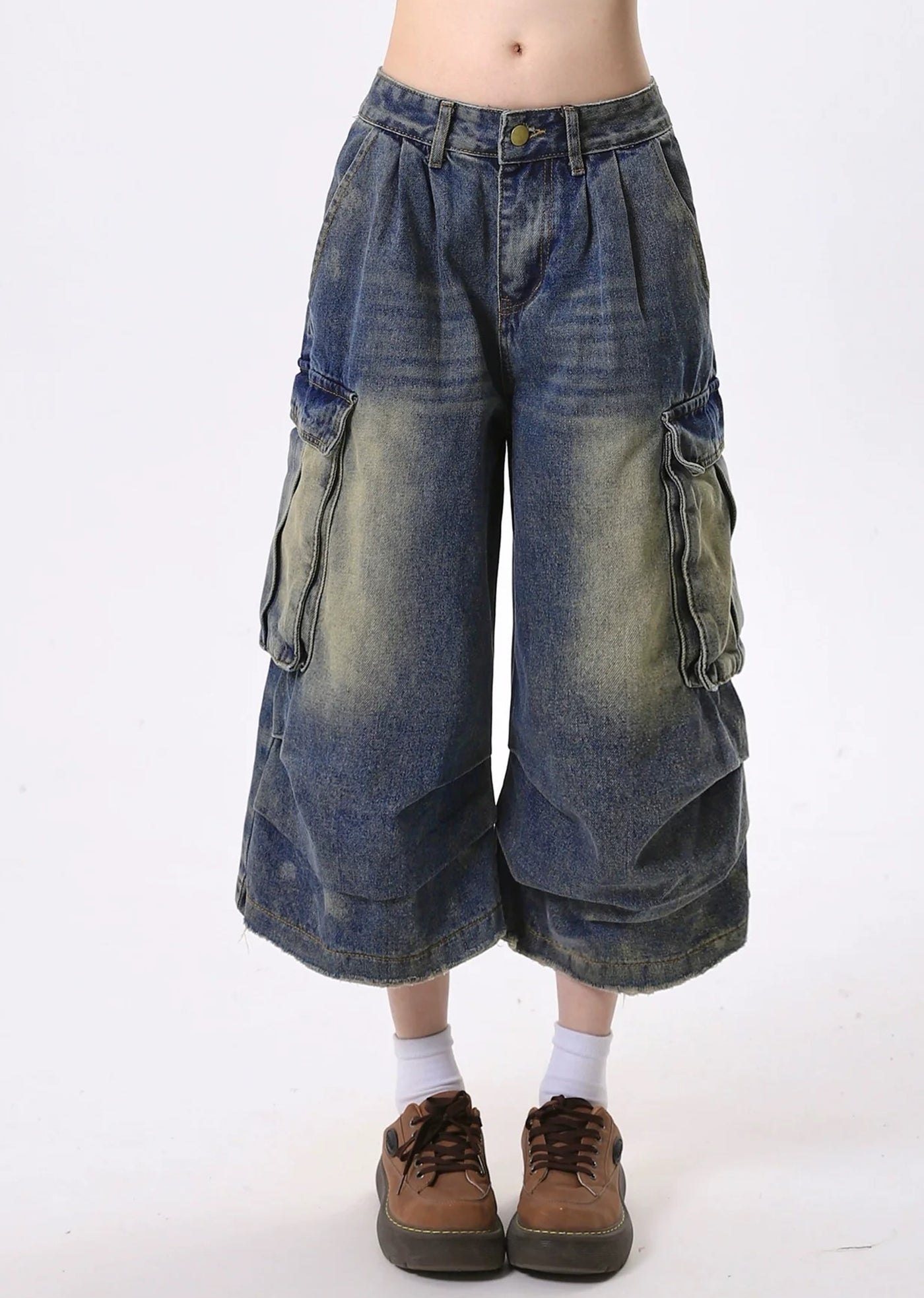 【Rayohopp】Dull wash wide silhouette denim shorts  RH0131