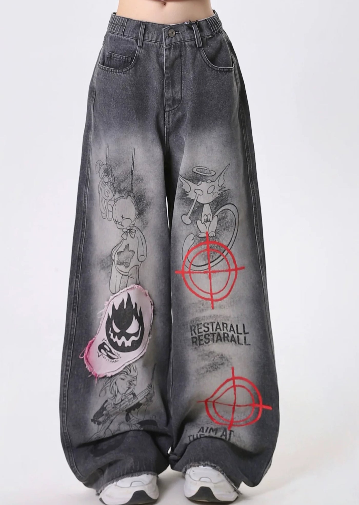 【Rayohopp】Front multi-graffiti design washed denim pants  RH0127