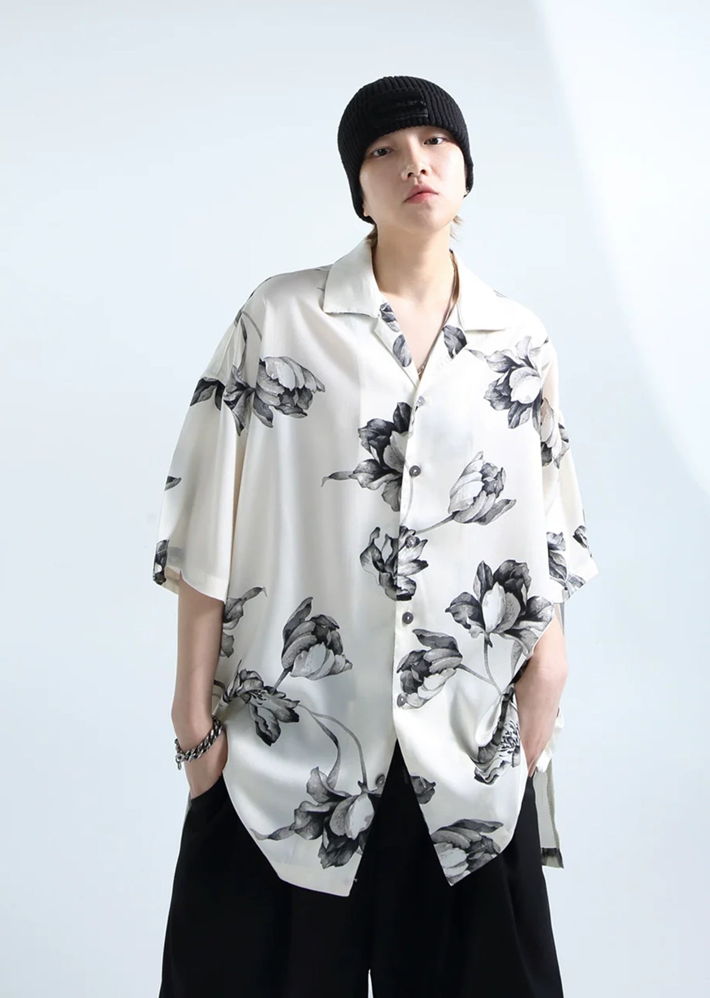 【GRNL】Monotone coloring floral pattern design rough short sleeve shirt  GN0010