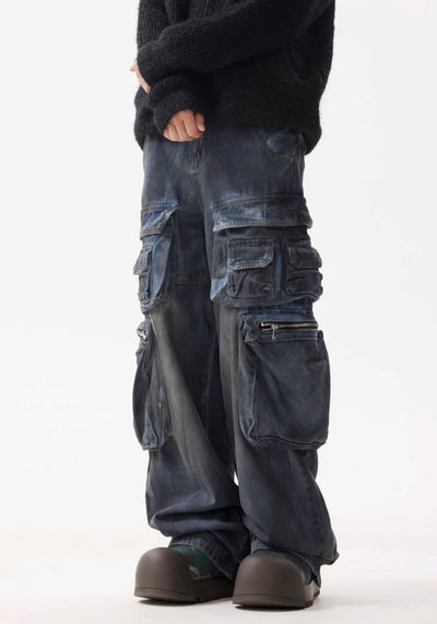 【BTSG】Dull blue wash design cargo denim pants  BS0047