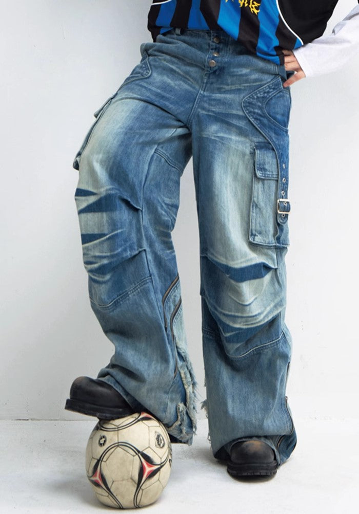 【People Style】Wide base gimmick cargo point mid-wash denim pants  PS0043