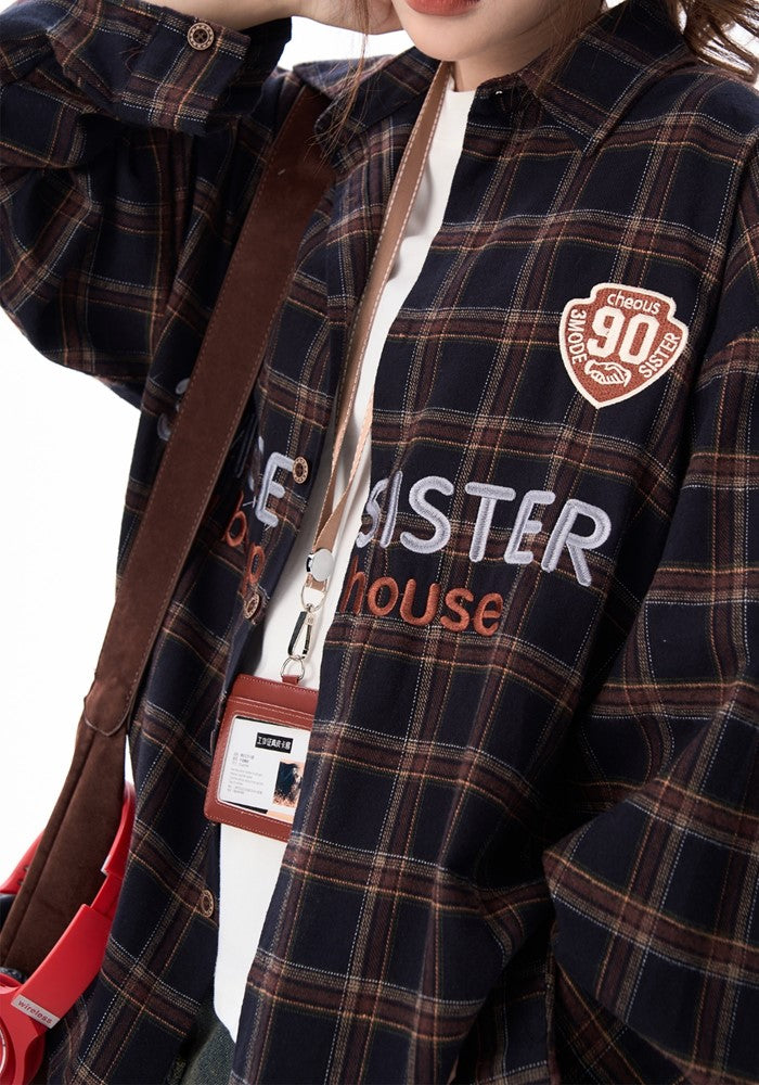 【H GANG X】College logo design American casual style over check long sleeve shirt  HX0093