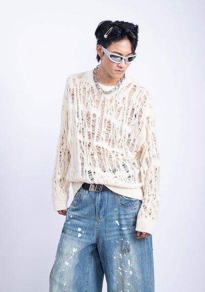 【PLAN1ONE】Mesh-like fully distressed accent fleur knit sweater  PL0044