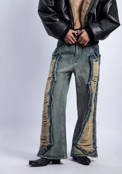 【PLAN1ONE】Side damage processing gimmick design wide straight denim pants  PL0038