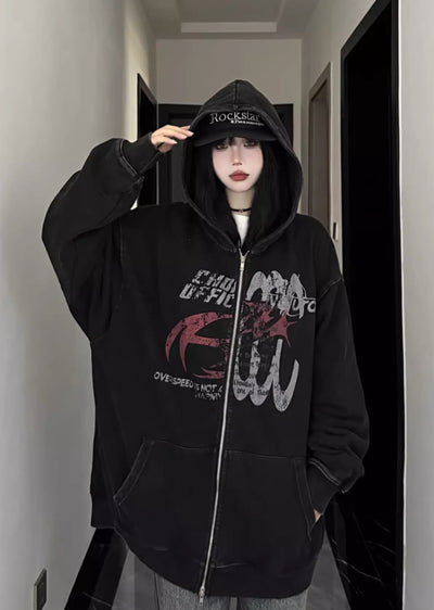 【W3】Double half and half gimmick design full zip grunge hoodie  WO0074