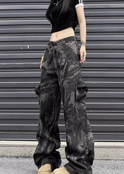 【W3】Dark camouflage design wide straight silhouette pants  WO0076