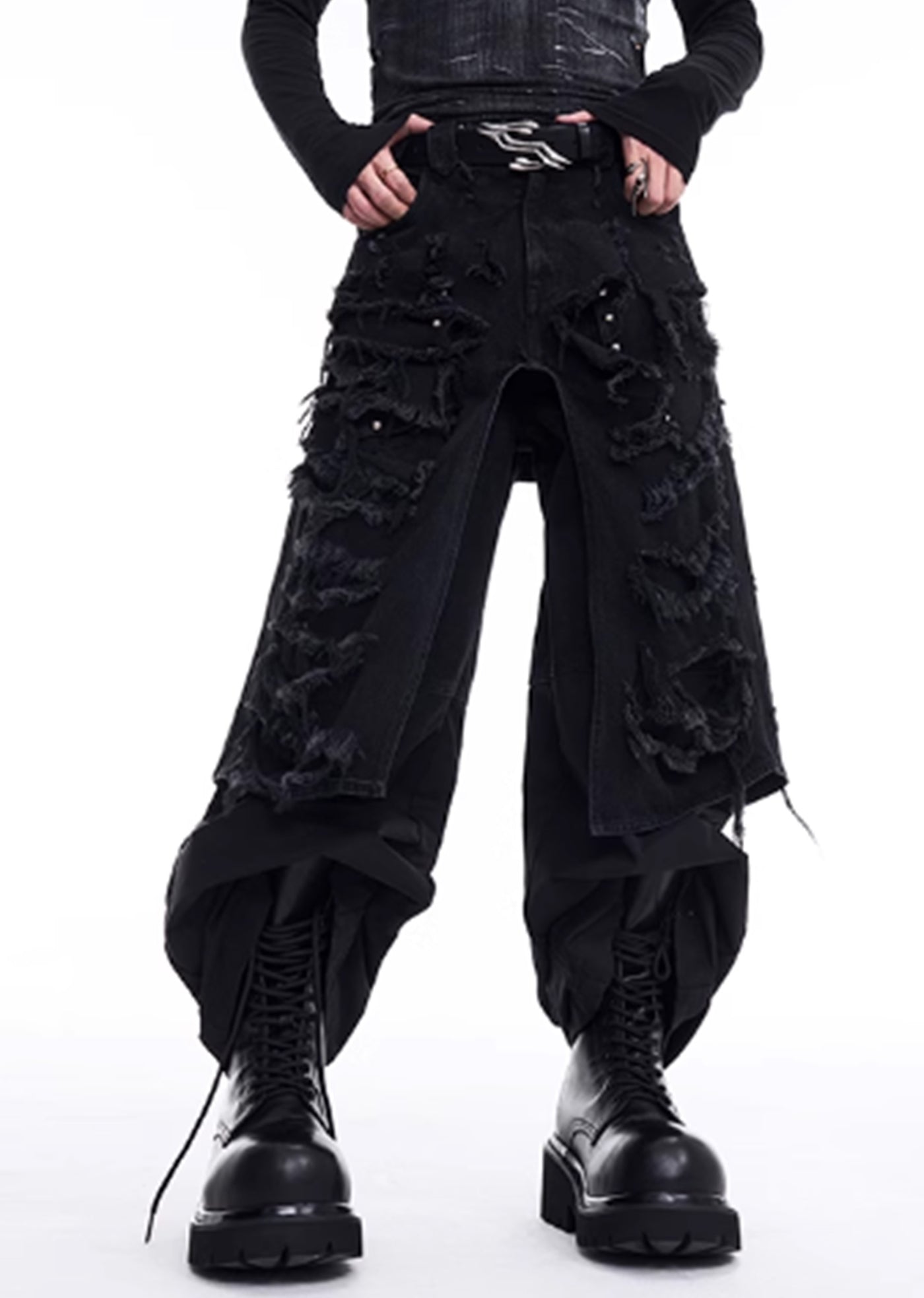 【STARTEXCEEDEND】Full damage gimmick layered style black denim pants  SC0001