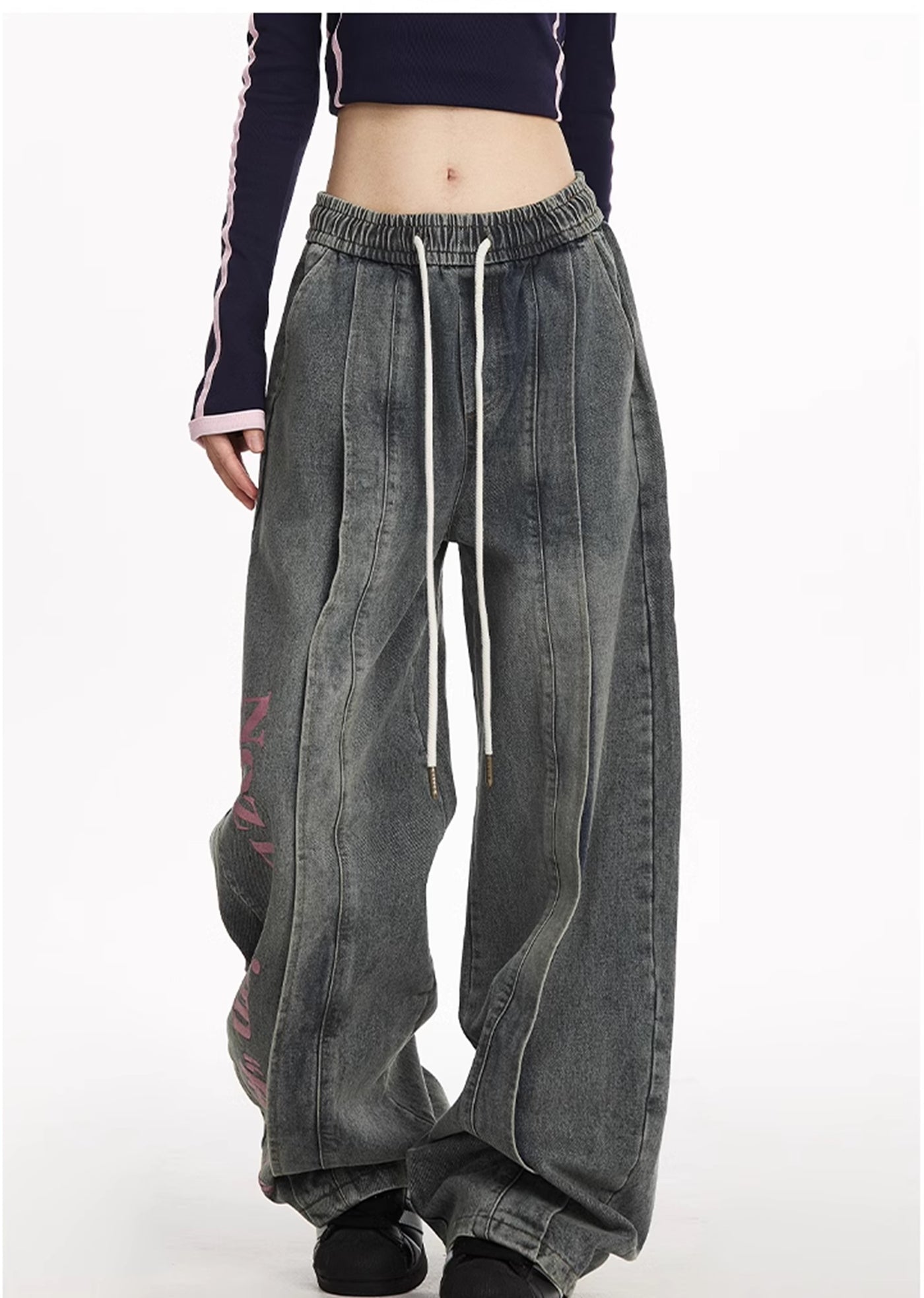 【NOONOZ】One-point pinky initial design wide blue denim pants  NN0002