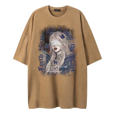 【NIHAOHAO】Girl print oversized repainted design short sleeve T-shirt  NH0144