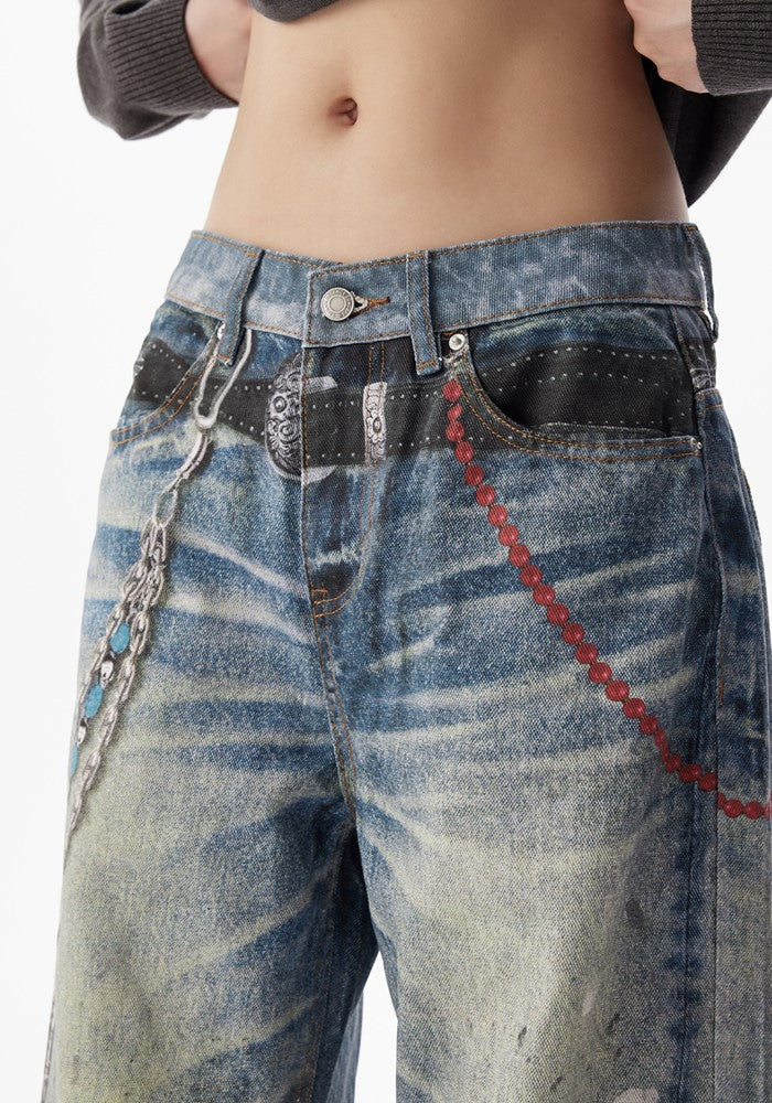 【H GANG X】Illustrated suspender design wide silhouette dull wash denim pants  HX0104