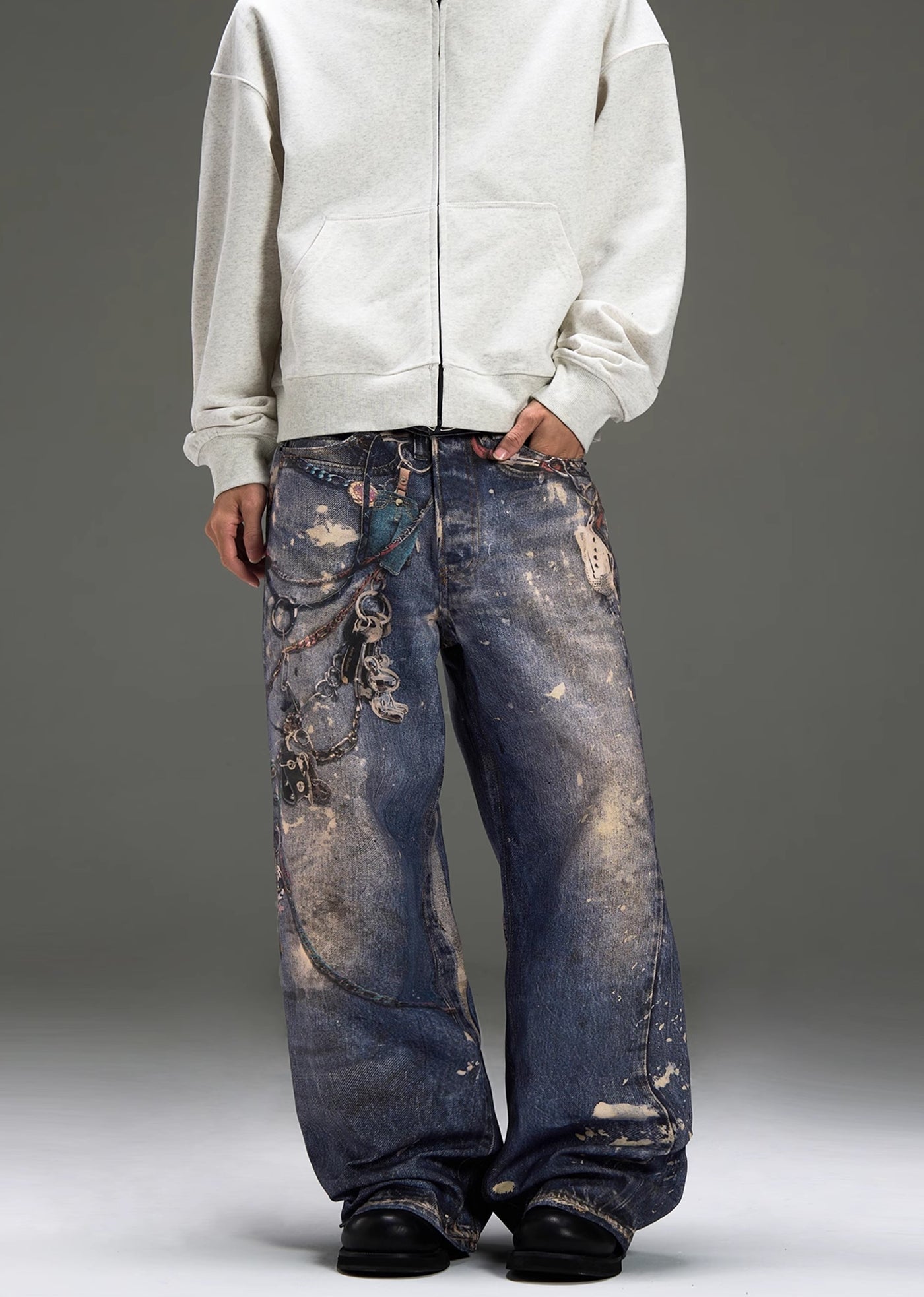 【MAXDSTR】Multi-illustration design changing silhouette dull denim pants  MD0168