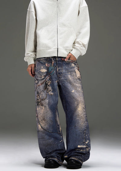 【MAXDSTR】Multi-illustration design changing silhouette dull denim pants  MD0168