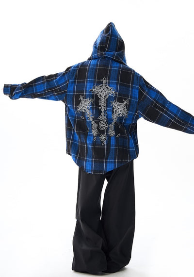 【H GANG X】Back print blue navy color check design full zip hoodie  HX0097