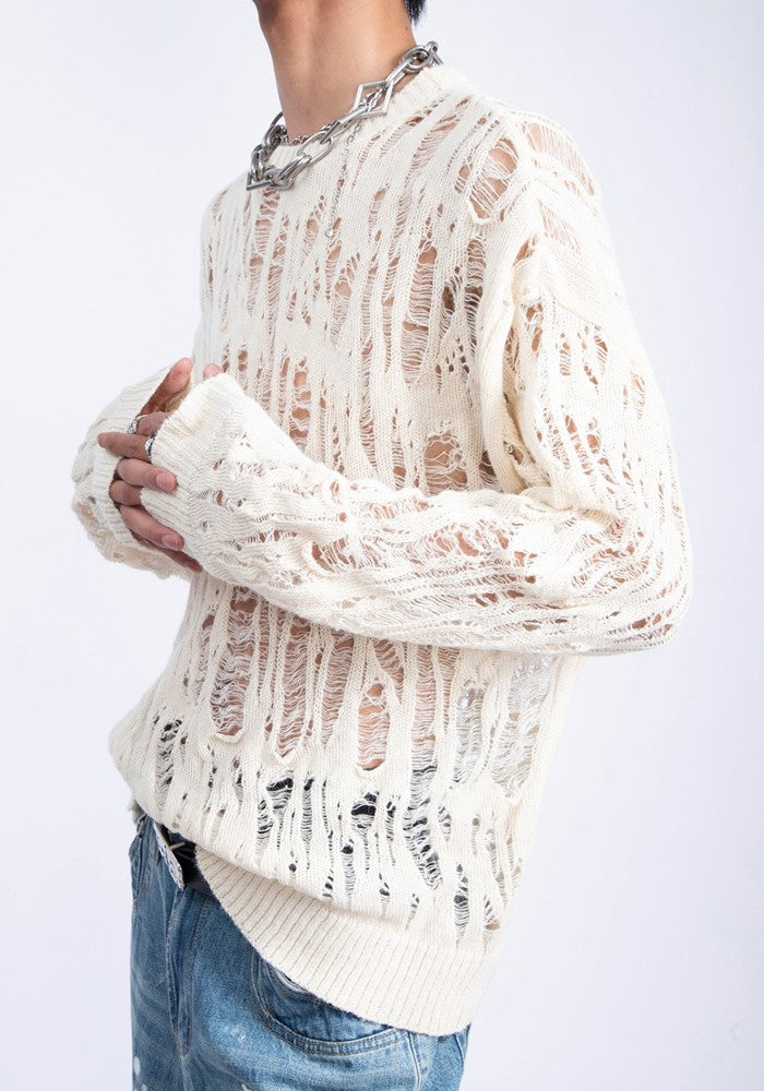 【PLAN1ONE】Mesh-like fully distressed accent fleur knit sweater  PL0044