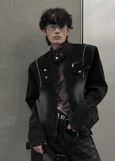 【SOULWORKER】Neck patch design band collar silhouette denim jacket  SW0031