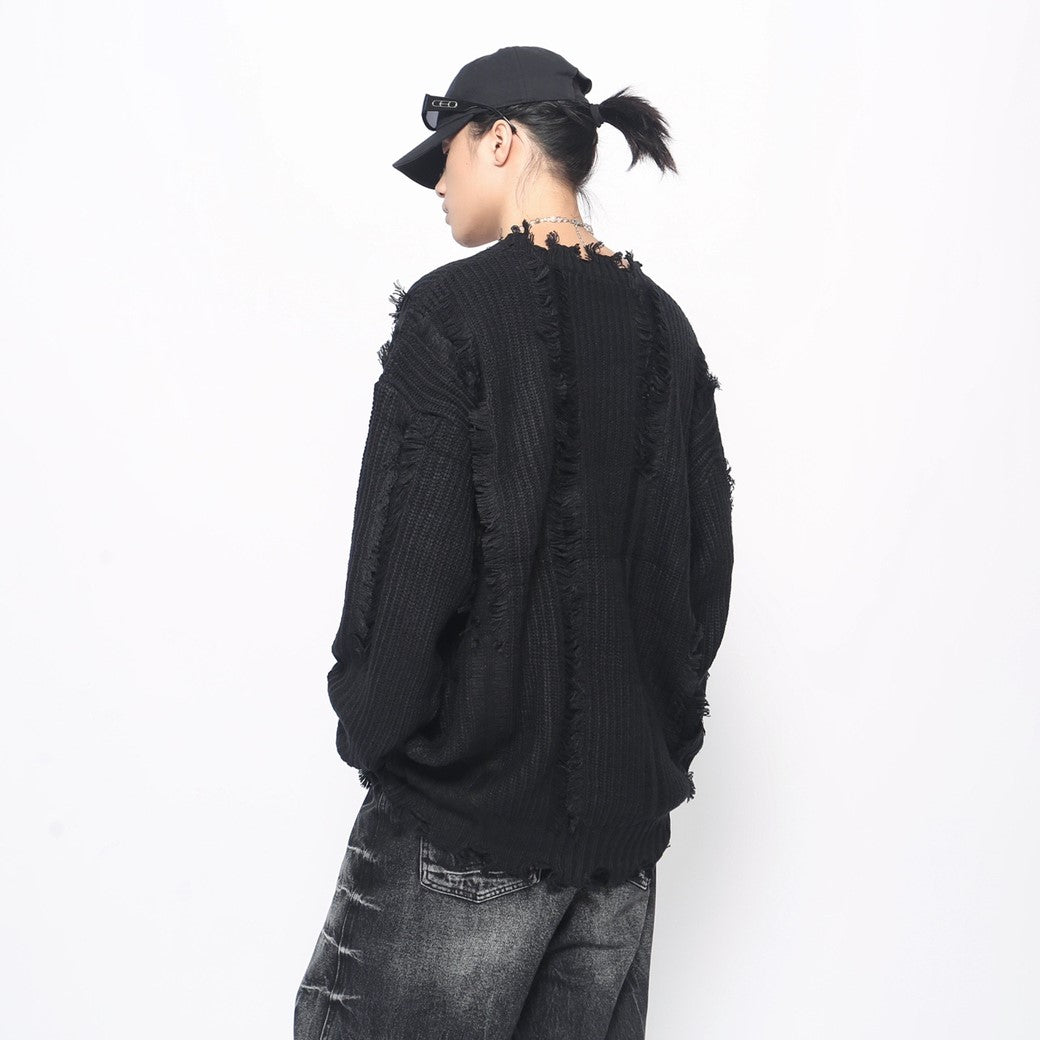 【Mz】Middle Random Distressed Simple Color Knit Sweater  MZ0051