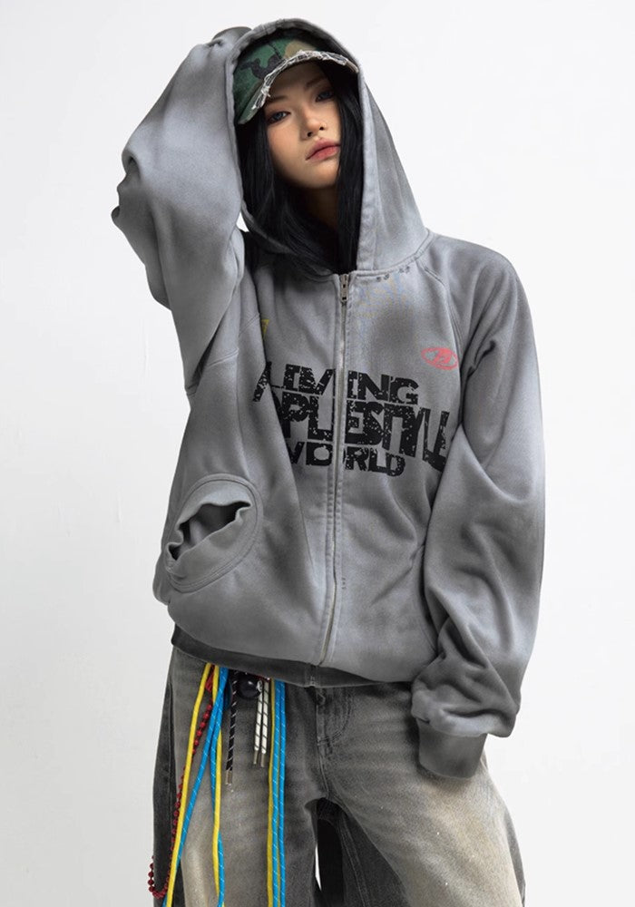 【People Style】Wordler Dull Base Wash Full Zip Initial Hoodie  PS0042