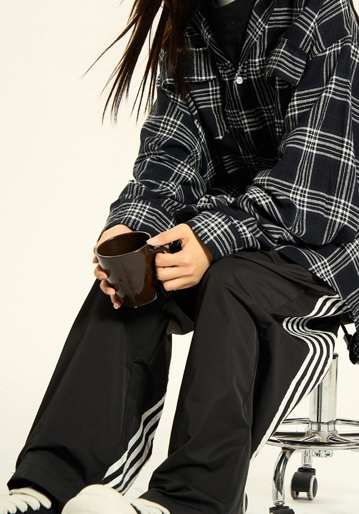 【H GANG X】Basic gray color check pattern design loose long sleeve shirt  HX0094