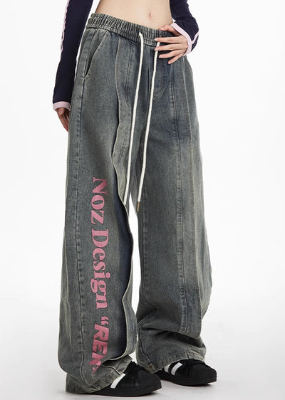 【NOONOZ】One-point pinky initial design wide blue denim pants  NN0002