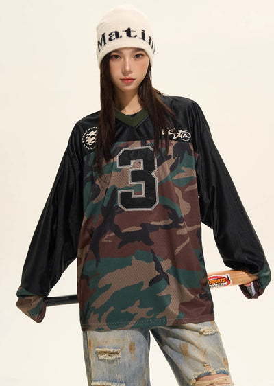 【H GANG X】Front number initial camouflage bicolor design long sleeve T-shirt  HX0078