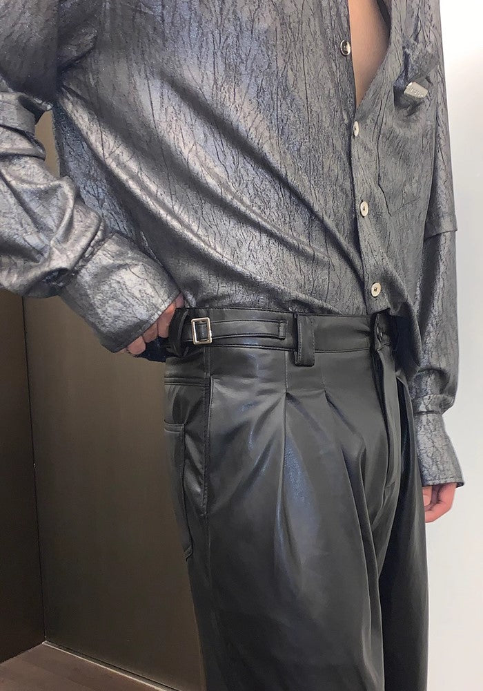 【CUIBUJU】Glossy design wide straight silhouette leather pants  CB0050