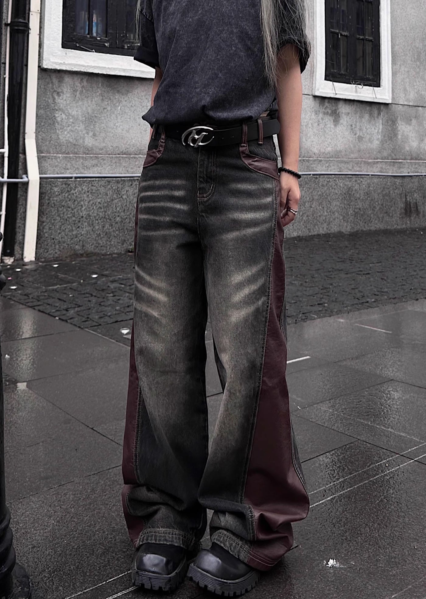 【TR BRUSHSHIFT】Side leather collar design denim wide pants  TB0045