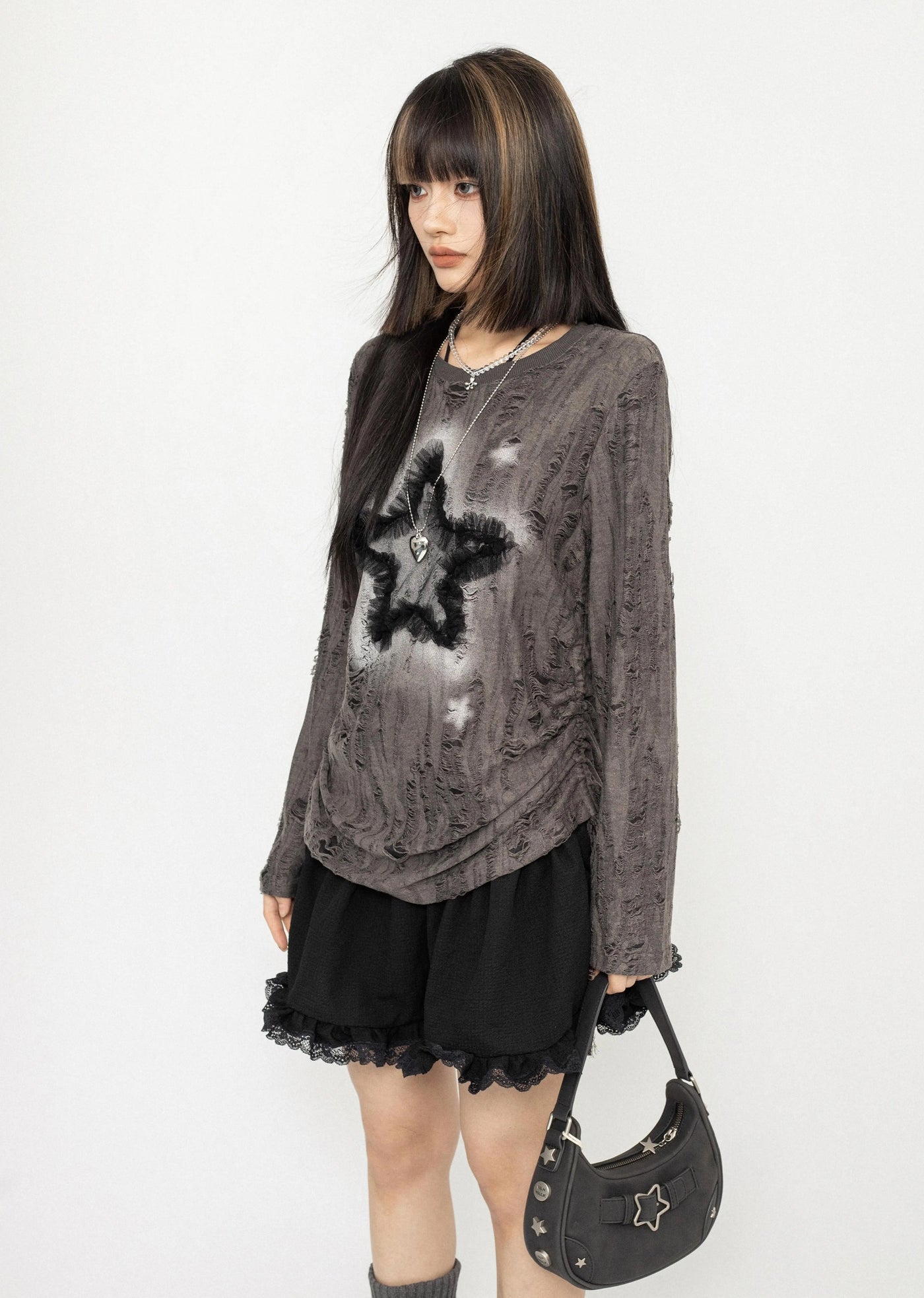 【ZERO STORE】Grunge dull star design messy long sleeve T-shirt  ZS0048