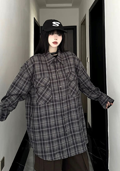 【W3】Basic dark color check pattern design long sleeve shirt  WO0085