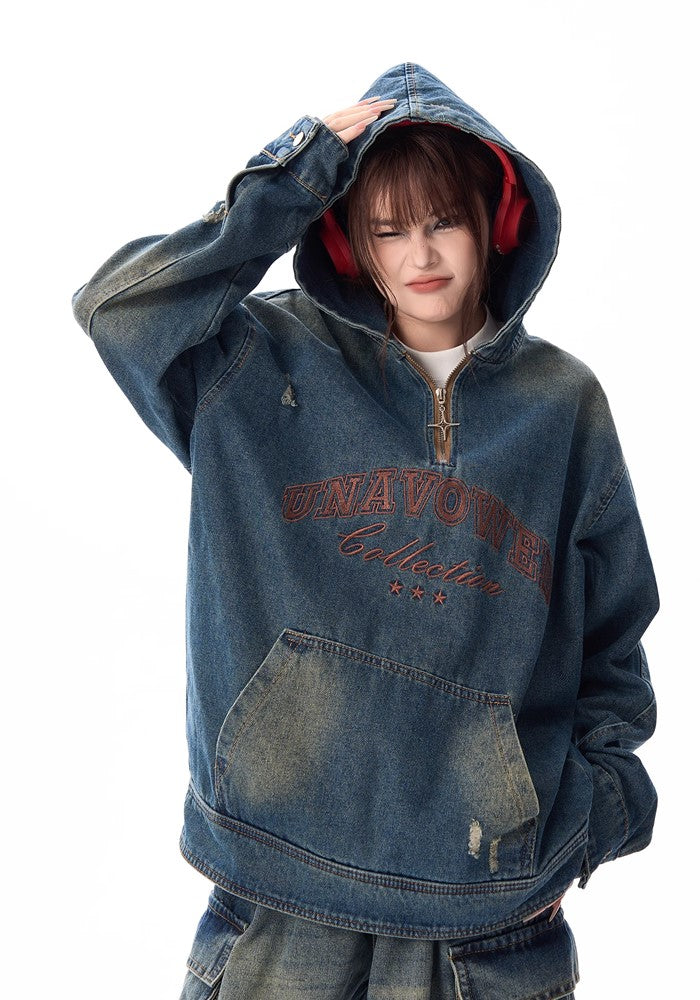 【H GANG X】Double-wash vintage denim overdesign hoodie  HX0087