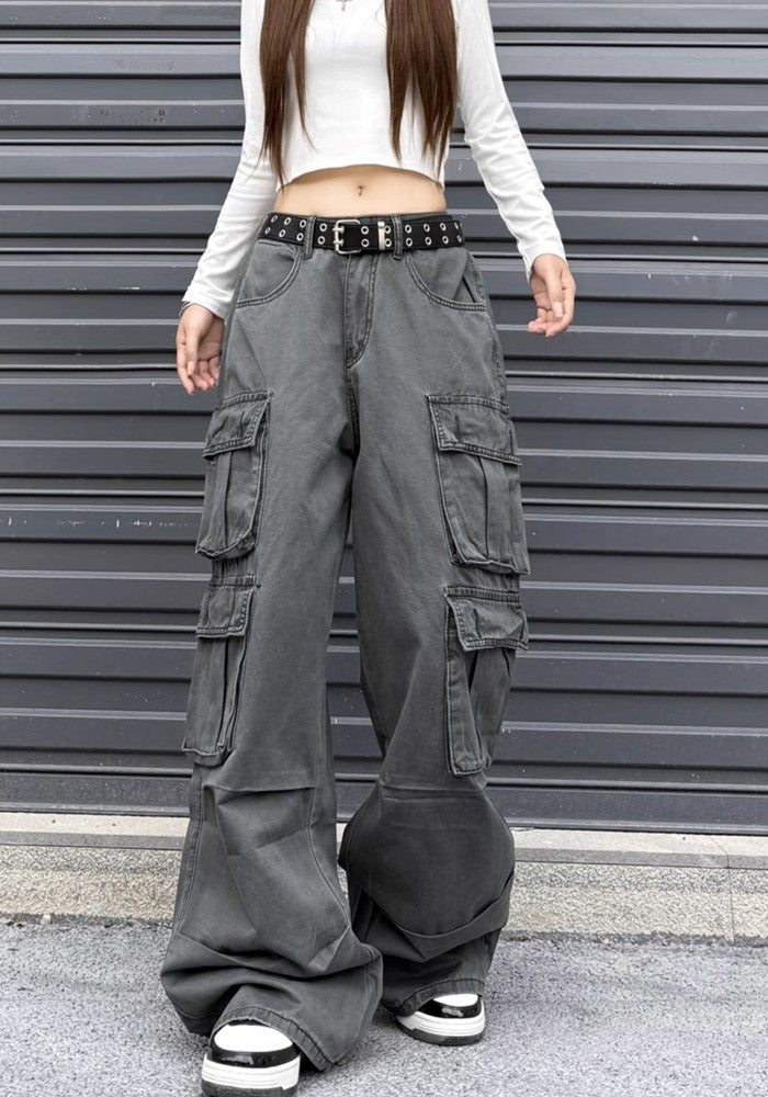 【W3】Double pocket wide silhouette base muted color cargo pants  WO0082