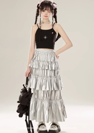[Eleven shop97] Silver tiered silhouette design glossy skirt ES0020