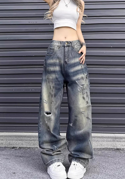 【W3】Vintage design wide simple denim pants  WO0058