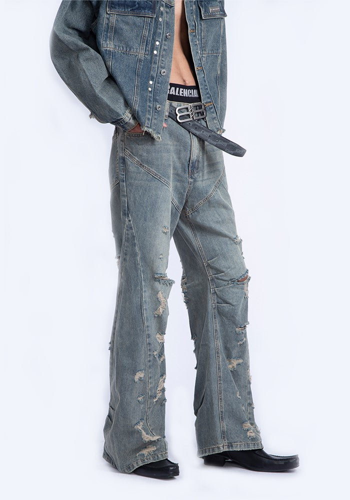 【PLAN1ONE】Grunge scattered distressed vintage style flared denim pants  PL0043