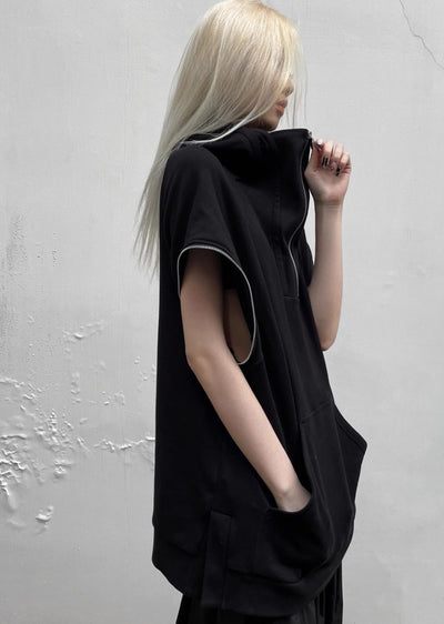 Double gimmick design simple black sleeveless hoodie  HL3070