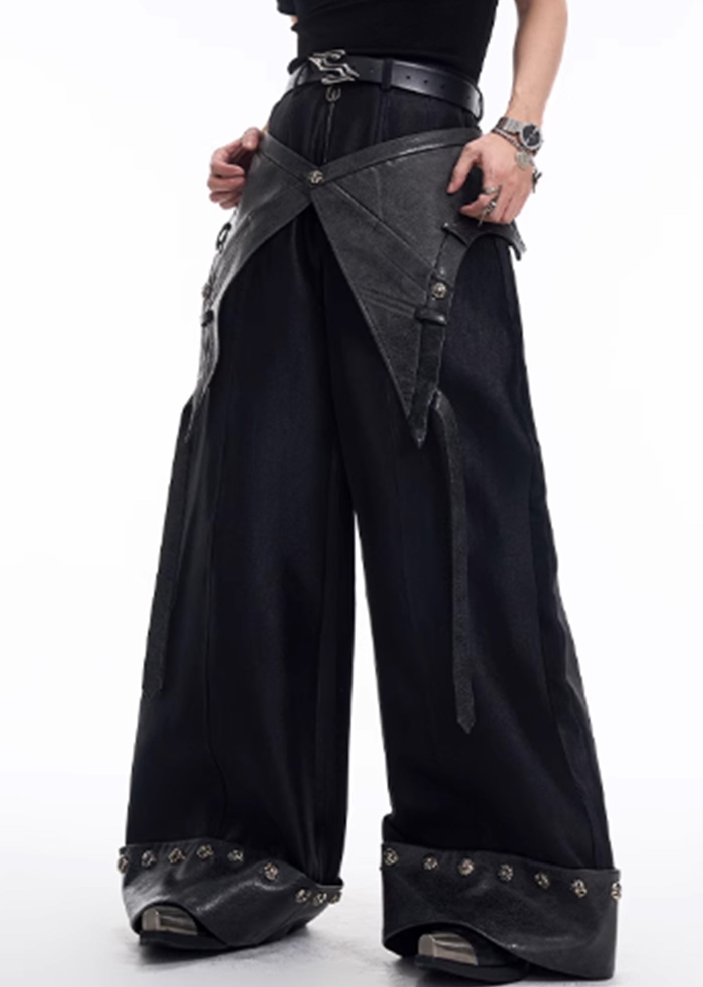 【STARTEXCEEDEND】Leather plus slacks fabric design gimmick wide pants  SC0002