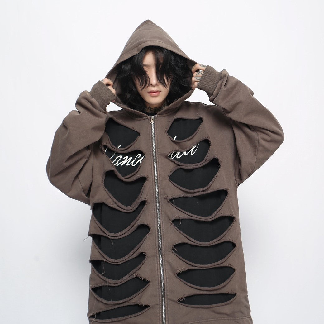 【Mz】Double layer bone-like gimmick design damage wide hoodie  MZ0037