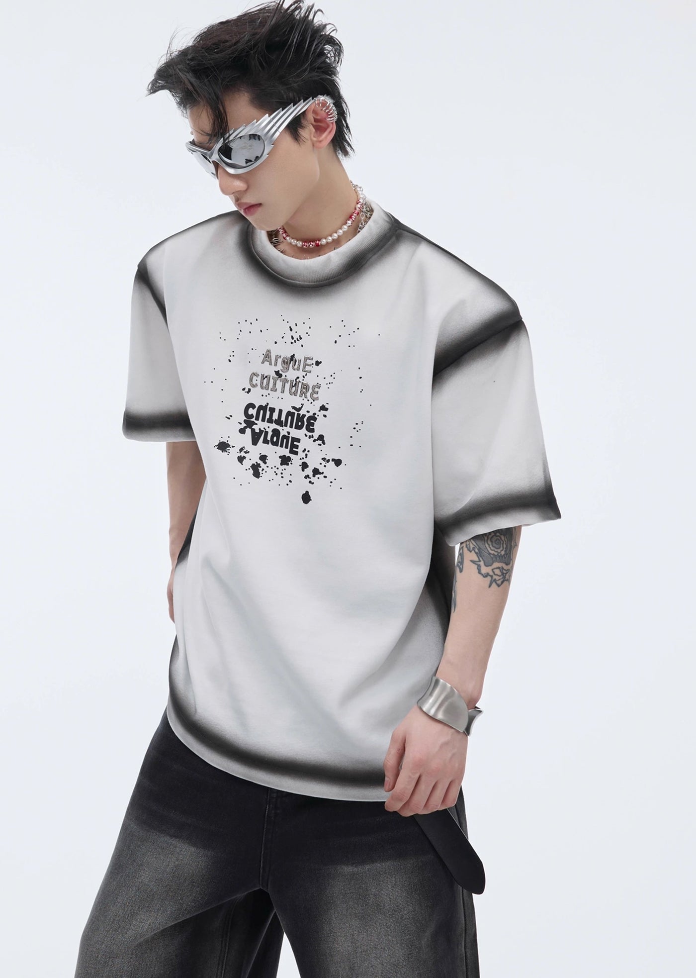 [Culture E] Monotone black accent color design lines short sleeve T-shirt CE0121