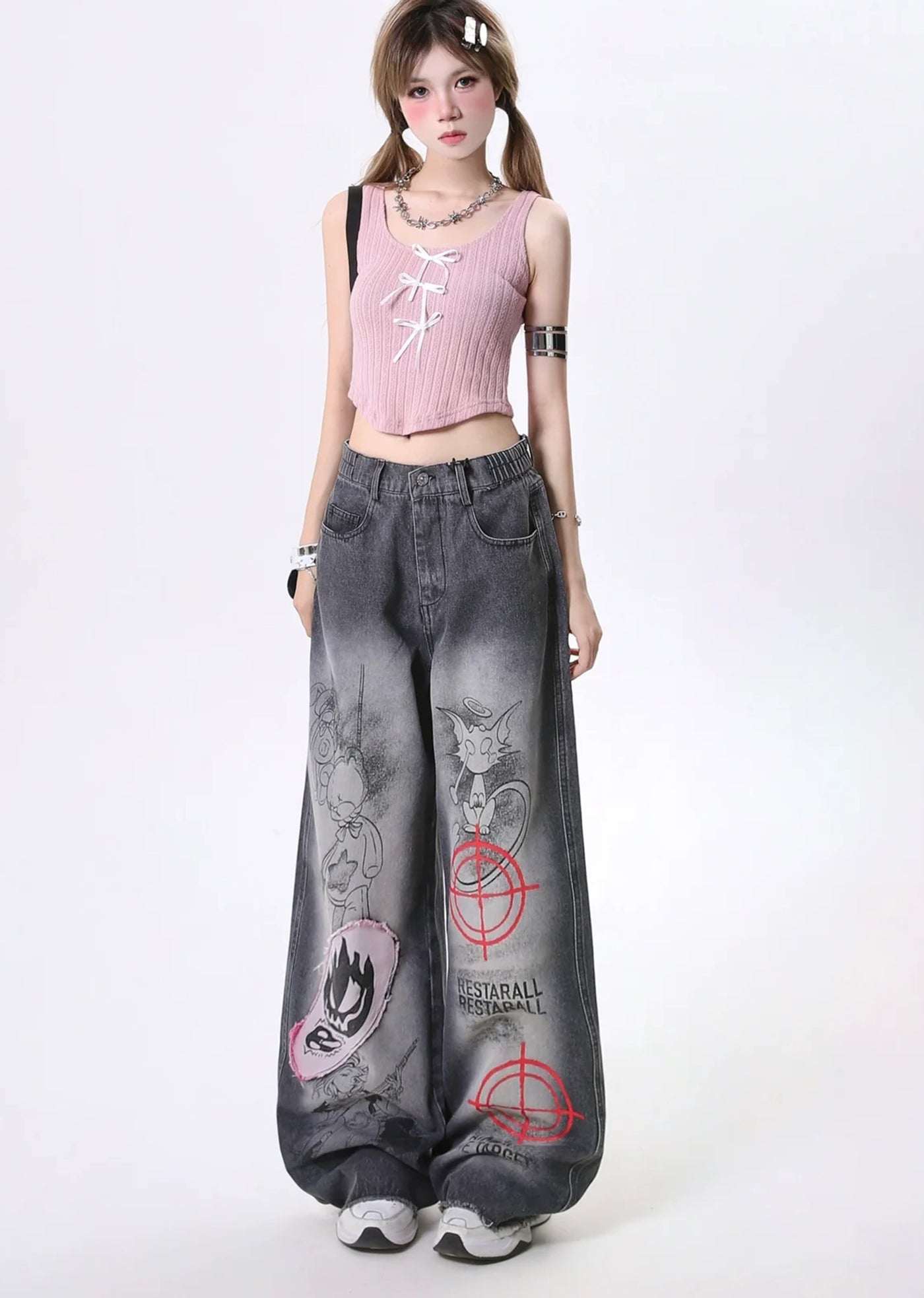 【Rayohopp】Front multi-graffiti design washed denim pants  RH0127